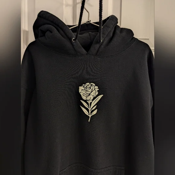 " Graves Into Gardens " Skeleton and Rose Screen print Hoodie - Picture 2 of 4